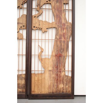 縞黒檀と黒柿の欄間 鶴松富士 5枚1組　R2336Y 