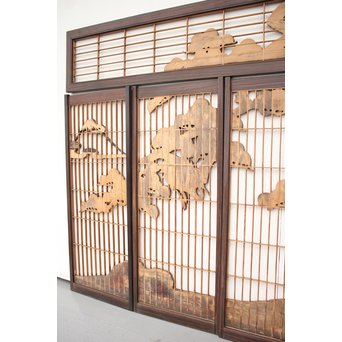 縞黒檀と黒柿の欄間 鶴松富士 5枚1組　R2336Y 