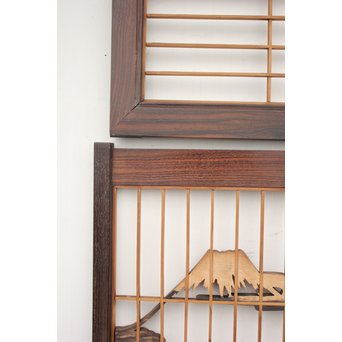 縞黒檀と黒柿の欄間 鶴松富士 5枚1組　R2336Y 