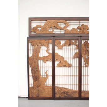 縞黒檀と黒柿の欄間 鶴松富士 5枚1組　R2336Y 