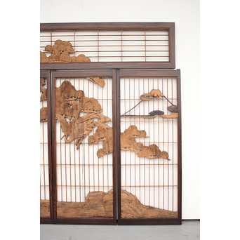 縞黒檀と黒柿の欄間 鶴松富士 5枚1組　R2336Y 