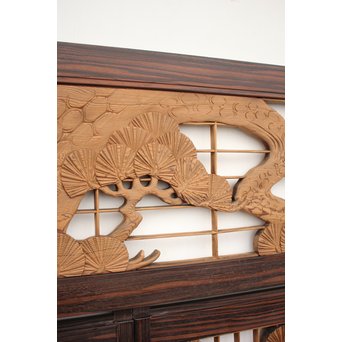 縞黒檀と黒柿の欄間 鶴松富士 5枚1組　R2336Y 