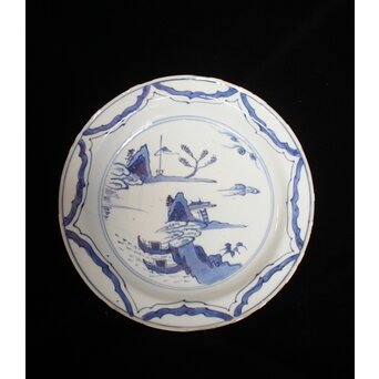 古染付 山水 南京7寸皿　P077