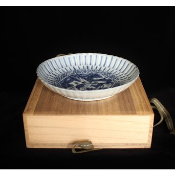 古染付 鹿図 南京菊型7寸皿　P078 