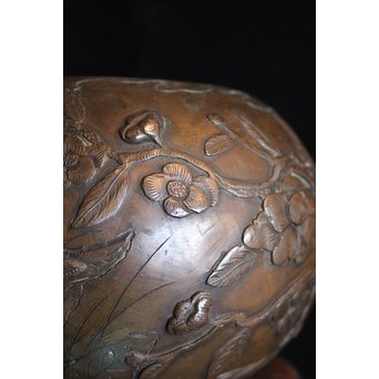 真鍮球型涼炉/手焙 珍品浮彫手彫 　M068 