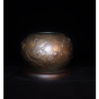 真鍮球型涼炉/手焙 珍品浮彫手彫 　M068 