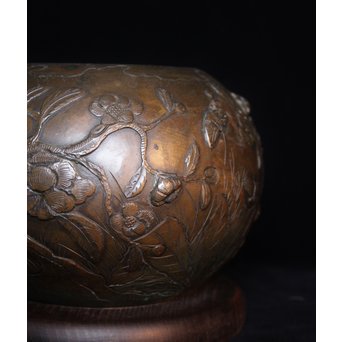 真鍮球型涼炉/手焙 珍品浮彫手彫 　M068 