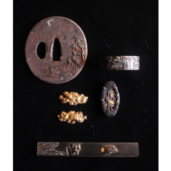 浜野派 大岡政寿銘 刀装具 鍔/目貫/縁頭/小柄　M070