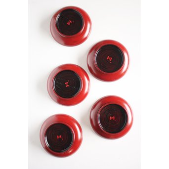 角有伊 輪島塗椿皿 朱塗 五客　Q037 