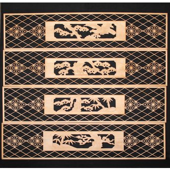 デッドストック 白木建具部材 組子と木彫欄間 4枚1組  R2410