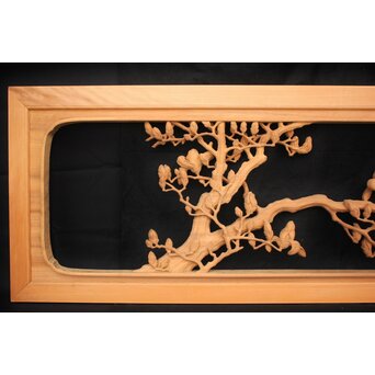 大島五雲 井波彫刻大作 桜と木蓮 2枚1組　X090Y 