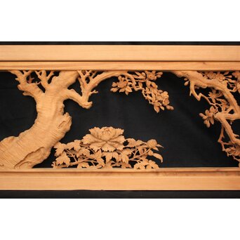 大島五雲 井波彫刻大作 桜と木蓮 2枚1組　X090Y 