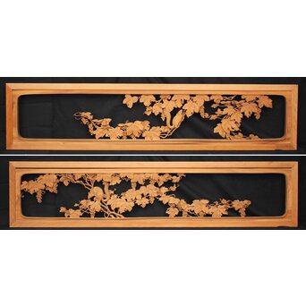 大島五雲 井波彫刻大作 葡萄と栗鼠 2枚1組　X091Y