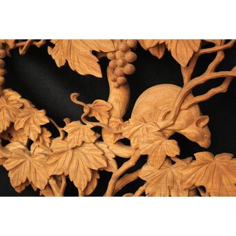 大島五雲 井波彫刻大作 葡萄と栗鼠 2枚1組　X091Y 