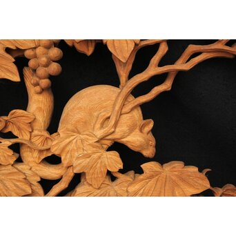 大島五雲 井波彫刻大作 葡萄と栗鼠 2枚1組　X091Y 