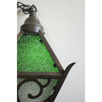 緑色ガラスの唐草文多角照明　A1929Y 