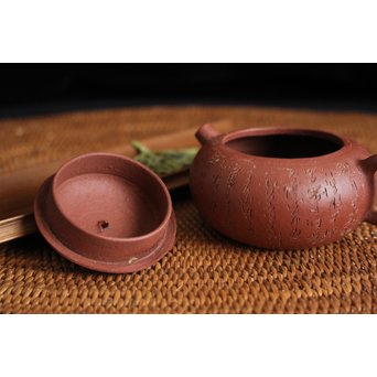 民初 漢詩彫朱泥急須/茶壷　P108 