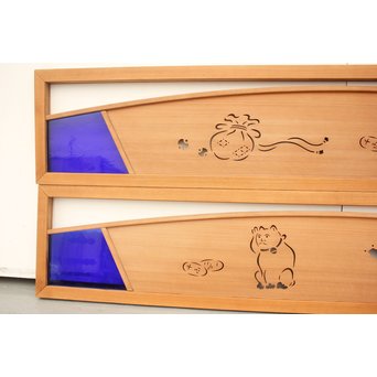 招き猫と色ガラスの欄間 2枚1組　R2442Y 