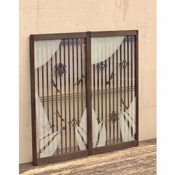 花札松模様 サンドブラストガラス書院戸 2枚1組　R2447 