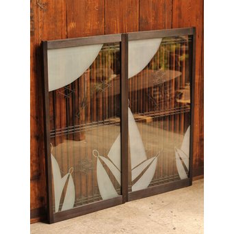 花札松模様 サンドブラストガラス書院戸 2枚1組　R2447