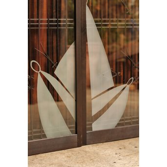 花札松模様 サンドブラストガラス書院戸 2枚1組　R2447 