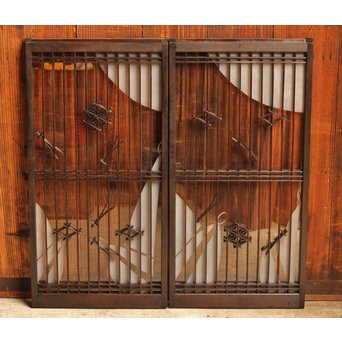 花札松模様 サンドブラストガラス書院戸 2枚1組　R2447 