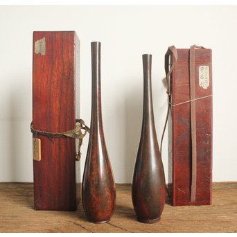 柴田是真銘 だまし塗り 倣銅漆芸曽呂利 & 時代斑柴銅 曽呂利/花生　Q048 