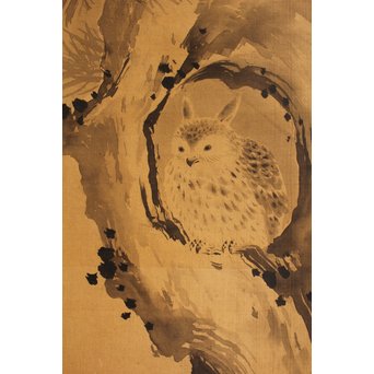 倣 狩野常信【樹陰棲梟】水墨掛軸　Z091 