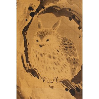 倣 狩野常信【樹陰棲梟】水墨掛軸　Z091 