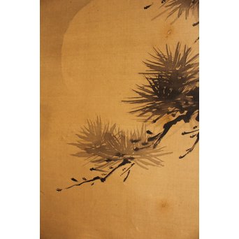 倣 狩野常信【樹陰棲梟】水墨掛軸　Z091 