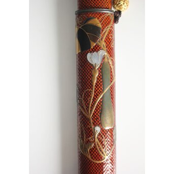 池田泰真 金唐革製 煙草入 泰真蒔絵筒/彫金四君子緒締/神仏目貫　Q056 