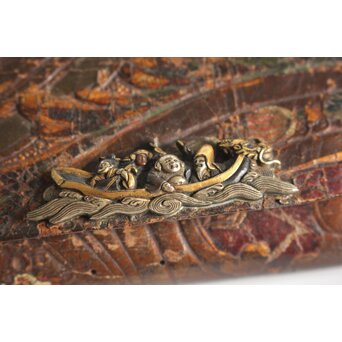 池田泰真 金唐革製 煙草入 泰真蒔絵筒/彫金四君子緒締/神仏目貫　Q056 