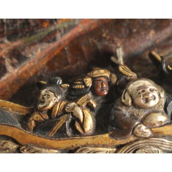 池田泰真 金唐革製 煙草入 泰真蒔絵筒/彫金四君子緒締/神仏目貫　Q056 