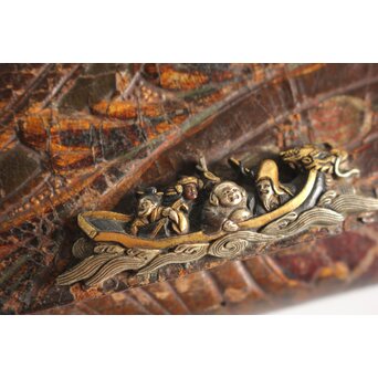 池田泰真 金唐革製 煙草入 泰真蒔絵筒/彫金四君子緒締/神仏目貫　Q056 