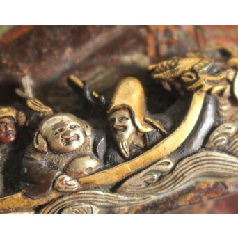 池田泰真 金唐革製 煙草入 泰真蒔絵筒/彫金四君子緒締/神仏目貫　Q056 