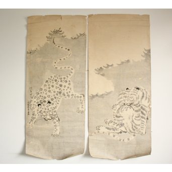 まくり一対 虎と彪 水墨画　Z095
