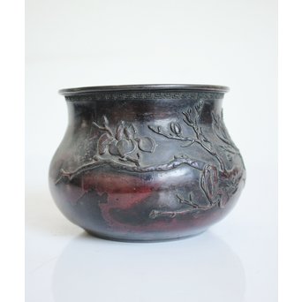 三代本間琢斎 斑柴銅 花紋 如意紐 建水　M125 