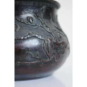 三代本間琢斎 斑柴銅 花紋 如意紐 建水　M125 