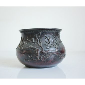 三代本間琢斎 斑柴銅 花紋 如意紐 建水　M125