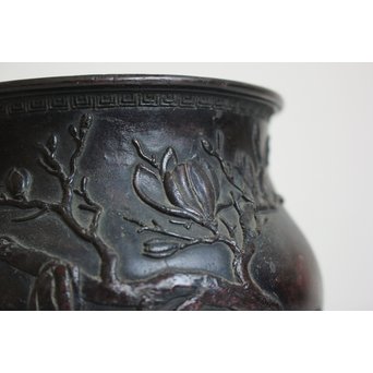 三代本間琢斎 斑柴銅 花紋 如意紐 建水　M125 