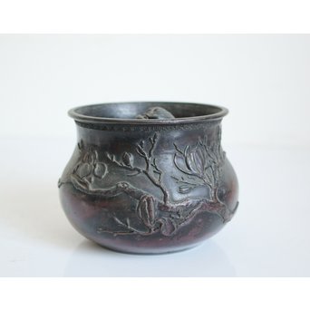 三代本間琢斎 斑柴銅 花紋 如意紐 建水　M125 