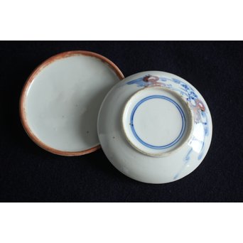 青花染付辰砂 桃花紅 緑斑点 清朝磁器 蓋物　P147 