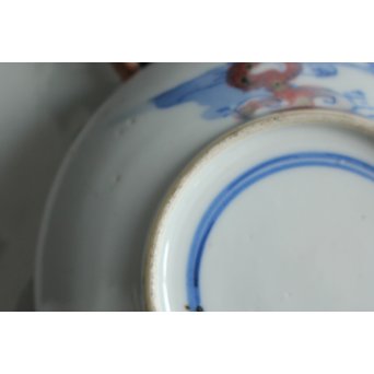 青花染付辰砂 桃花紅 緑斑点 清朝磁器 蓋物　P147 