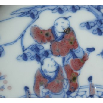 青花染付辰砂 桃花紅 緑斑点 清朝磁器 蓋物　P147 