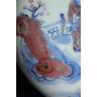 青花染付辰砂 桃花紅 緑斑点 清朝磁器 蓋物　P147 