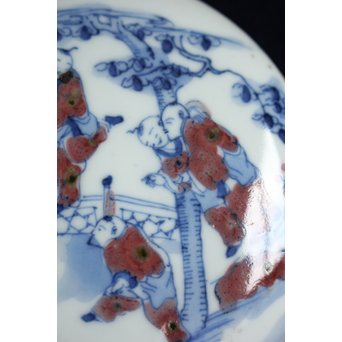 青花染付辰砂 桃花紅 緑斑点 清朝磁器 蓋物　P147 