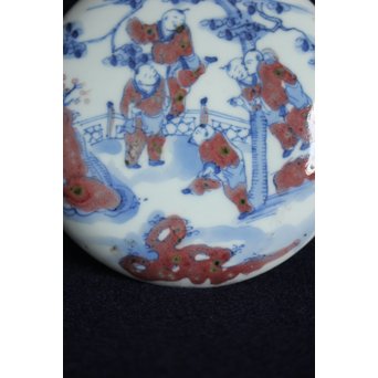 青花染付辰砂 桃花紅 緑斑点 清朝磁器 蓋物　P147 