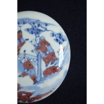 青花染付辰砂 桃花紅 緑斑点 清朝磁器 蓋物　P147 