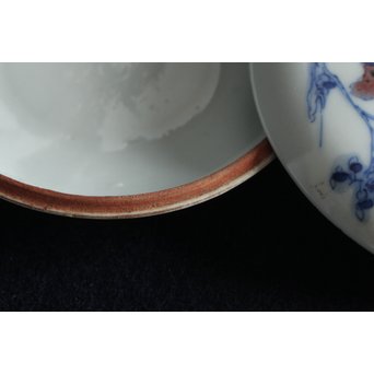 青花染付辰砂 桃花紅 緑斑点 清朝磁器 蓋物　P147 