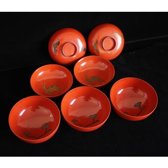 蝙蝠と鹿と霊芝 蒔絵椀 13客セット　Q064 